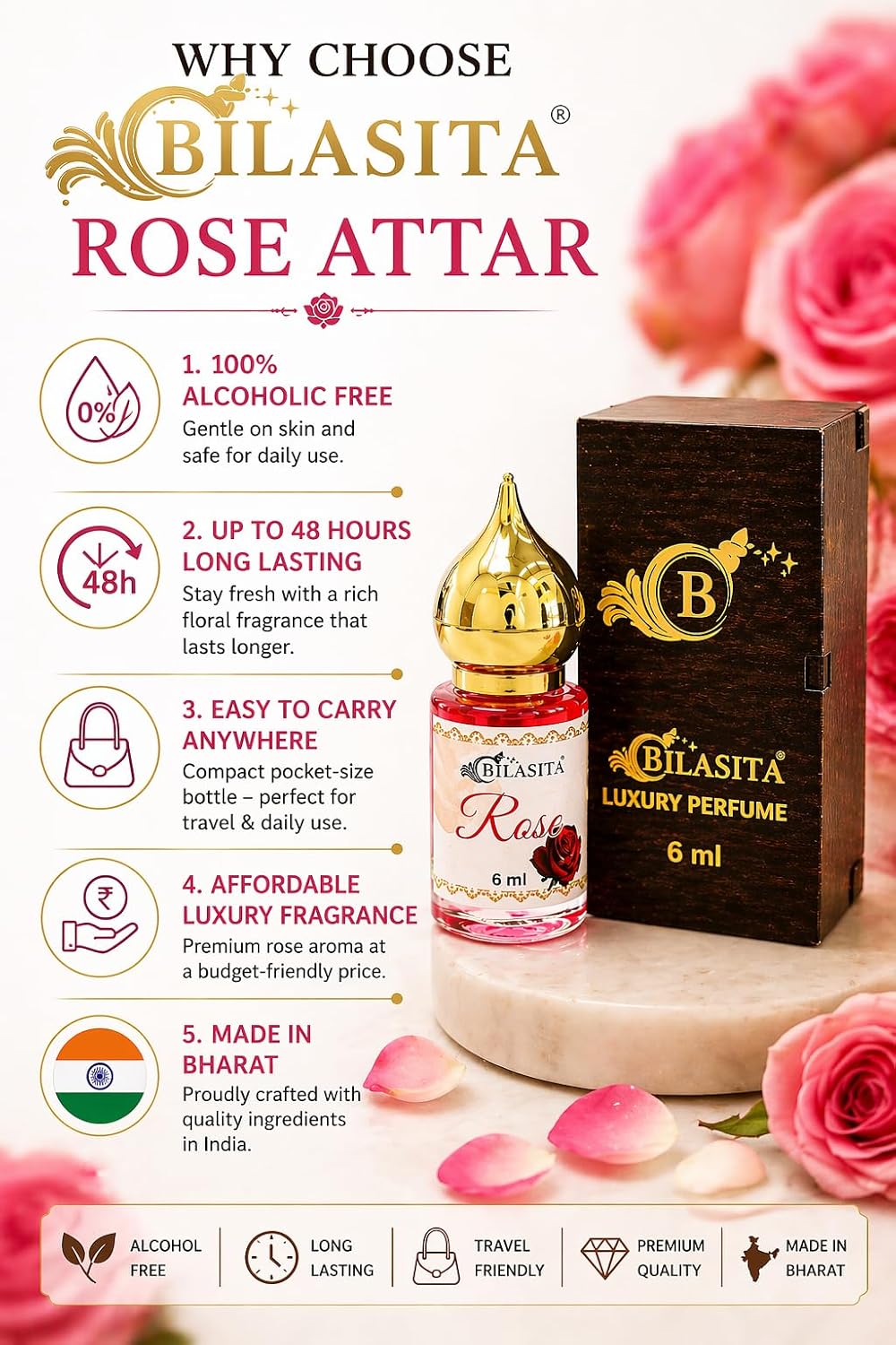 Rose Attar |Fresh & Luxury Unisex Fragrance | Long Lasting Fragrance for Men and Women | Premium Roll-On Attar for Men & Women 6ML