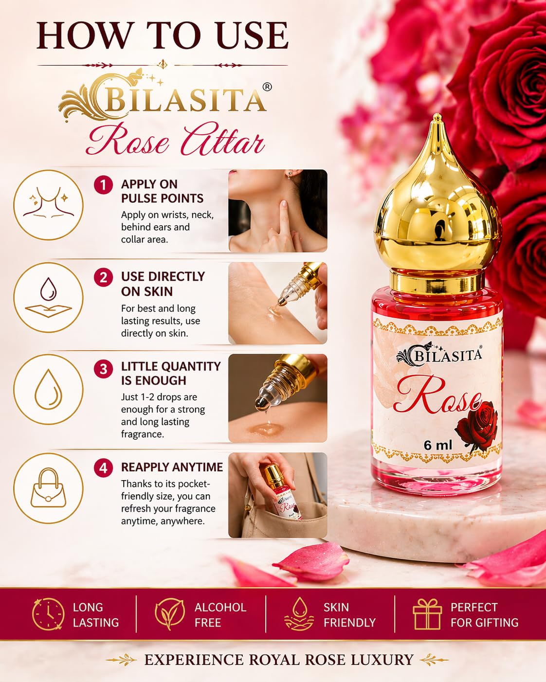 Rose Attar |Fresh & Luxury Unisex Fragrance | Long Lasting Fragrance for Men and Women | Premium Roll-On Attar for Men & Women 6ML