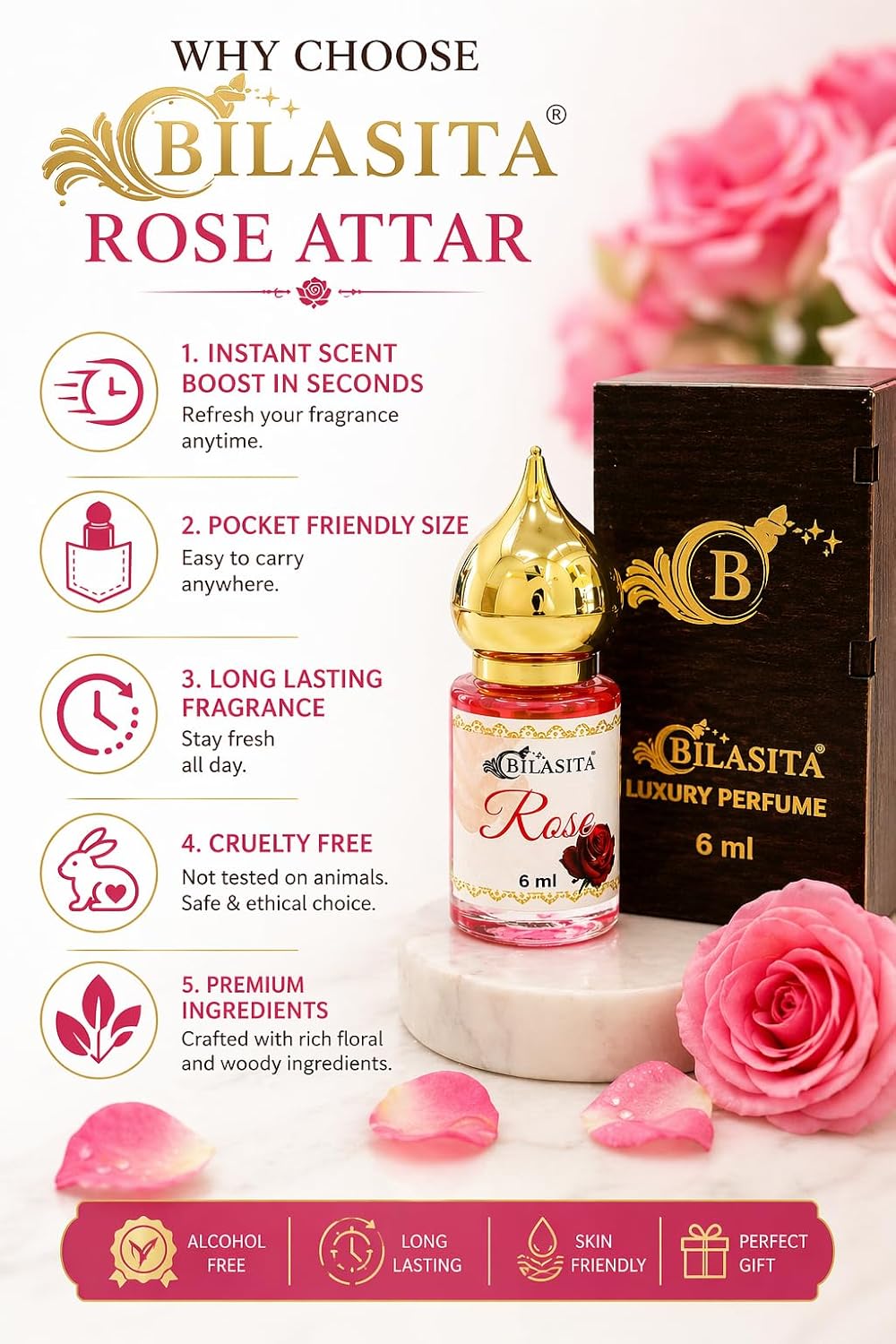 Rose Attar |Fresh & Luxury Unisex Fragrance | Long Lasting Fragrance for Men and Women | Premium Roll-On Attar for Men & Women 6ML