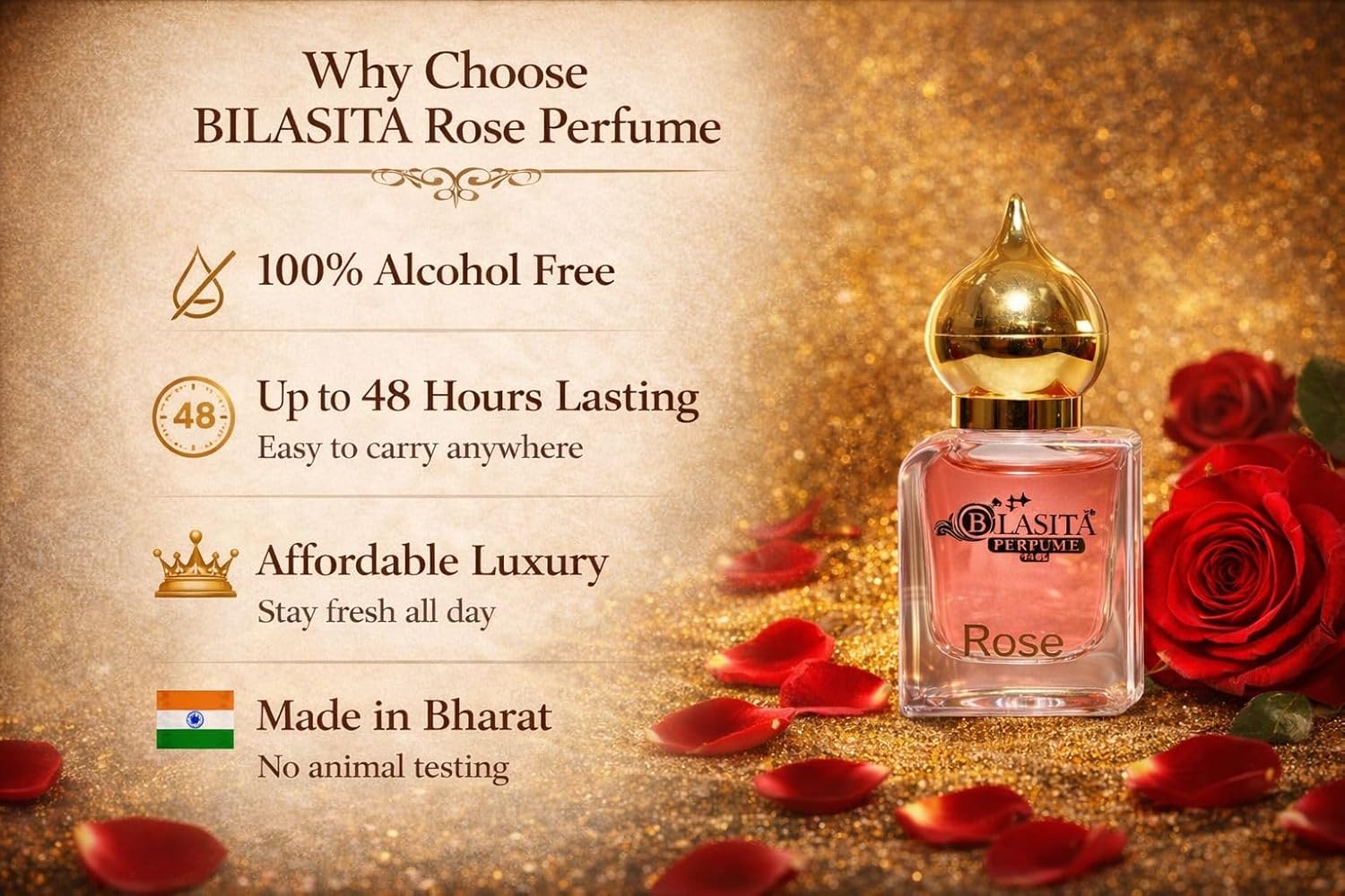 Rose Attar | Long Lasting Fragrance for Men,Women & Temple Use | Premium Wooden Box Pack Non-Alcoholic Roll-On Golden Cap Glass Bottle Attar Ideal Gift (10 Ml Pack)