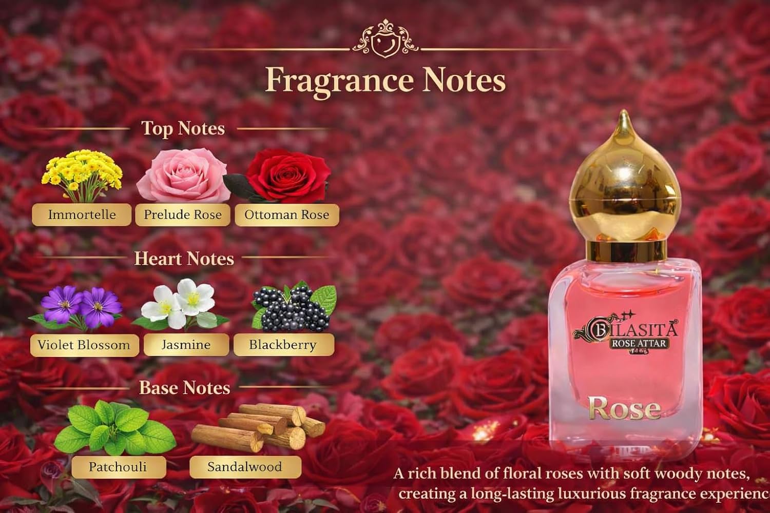 Rose Attar | Long Lasting Fragrance for Men,Women & Temple Use | Premium Wooden Box Pack Non-Alcoholic Roll-On Golden Cap Glass Bottle Attar Ideal Gift (10 Ml Pack)