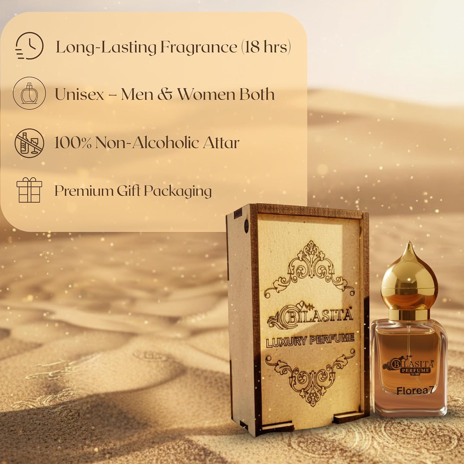 Florea7 Attar 10ml | Florea7 Attar for Women | Alcohol-Free Long-Lasting Fragrance Oil | 100% Pure Ittar | Premium Wooden Box Pack Roll-On Golden Cap Glass Bottle Attar | Ideal Gift for Women