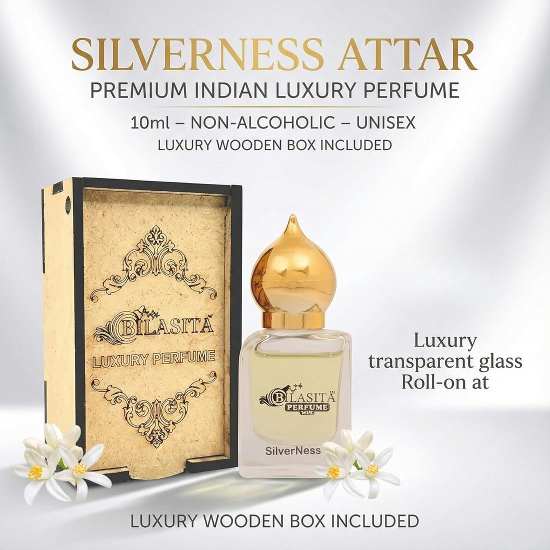 SilverNess  Attar 10ml | SilverNess Attar for men | Alcohol-Free Long-Lasting Fragrance Oil | 100% Pure Ittar | Premium Wooden Box Pack Roll-On Golden Cap Glass Bottle Attar | Ideal Gift for men