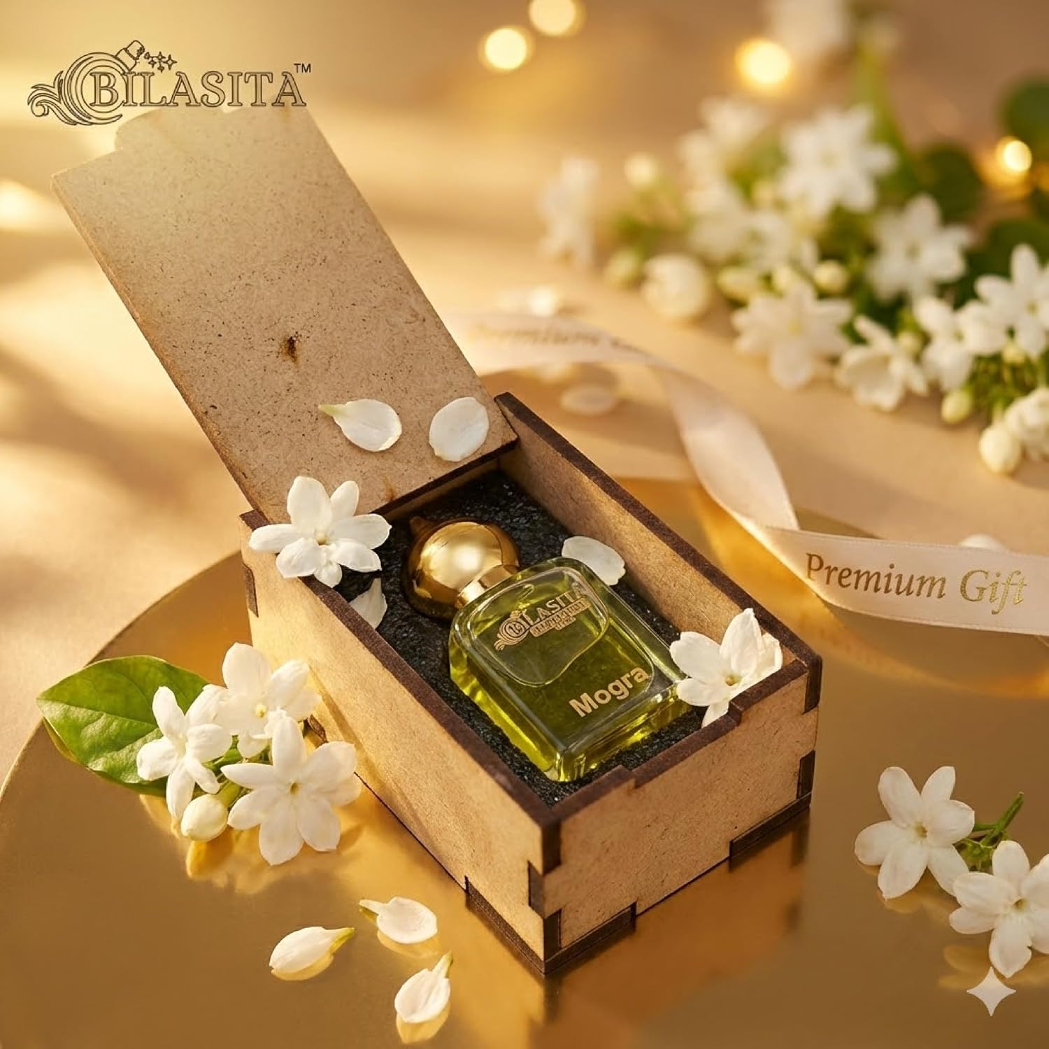 Mogra Attar | Long Lasting Fragrance for Men,Women & Temple Use | Premium Wooden Box Pack Non-Alcoholic Roll-On Golden Cap Glass Bottle Attar Ideal Gift (10 Ml Pack)