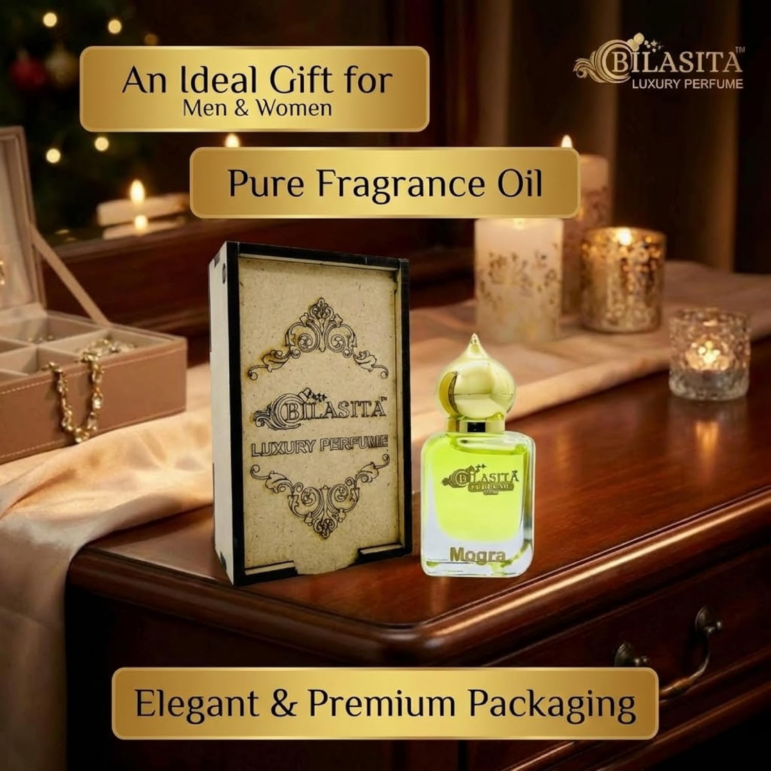 Mogra Attar | Long Lasting Fragrance for Men,Women & Temple Use | Premium Wooden Box Pack Non-Alcoholic Roll-On Golden Cap Glass Bottle Attar Ideal Gift (10 Ml Pack)