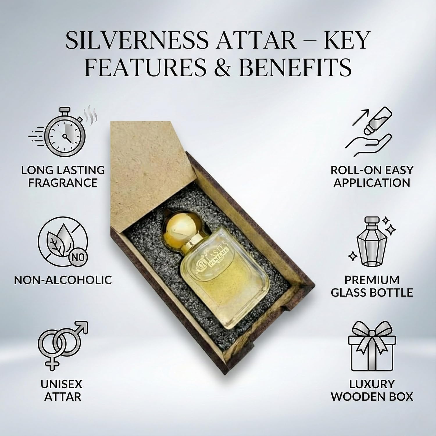SilverNess  Attar 10ml | SilverNess Attar for men | Alcohol-Free Long-Lasting Fragrance Oil | 100% Pure Ittar | Premium Wooden Box Pack Roll-On Golden Cap Glass Bottle Attar | Ideal Gift for men