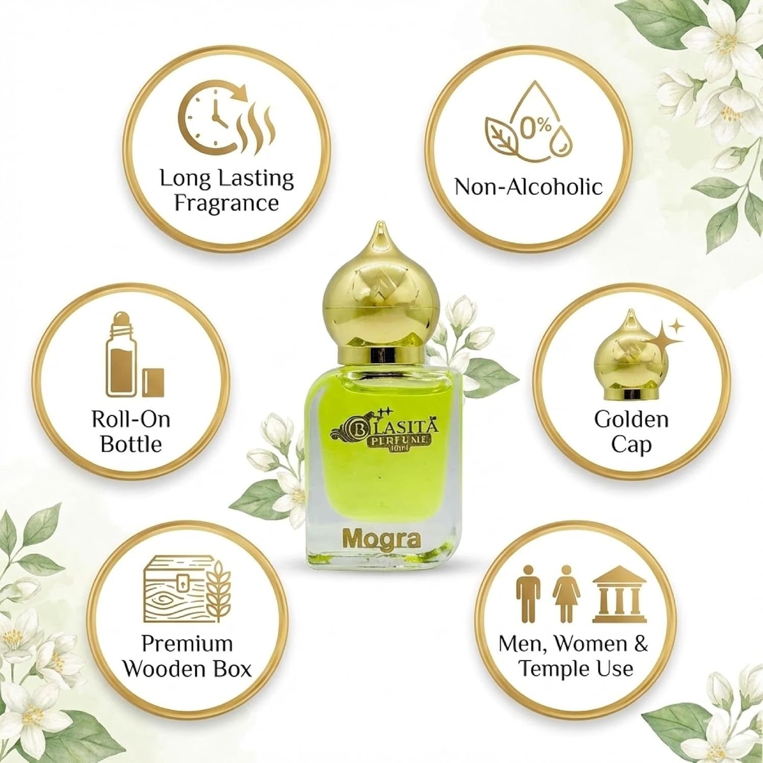 Mogra Attar | Long Lasting Fragrance for Men,Women & Temple Use | Premium Wooden Box Pack Non-Alcoholic Roll-On Golden Cap Glass Bottle Attar Ideal Gift (10 Ml Pack)