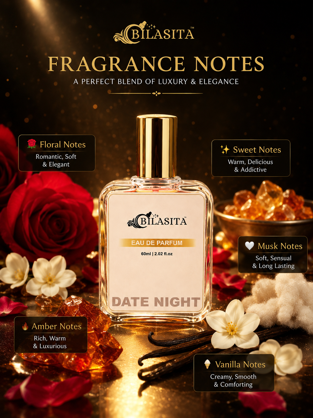 DATE NIGHT Romantic Perfume | Floral Citrus Fresh 35% French Fragrance Oil Long Lasting Fragrance for Women,Gift for Her - 60ml EDP