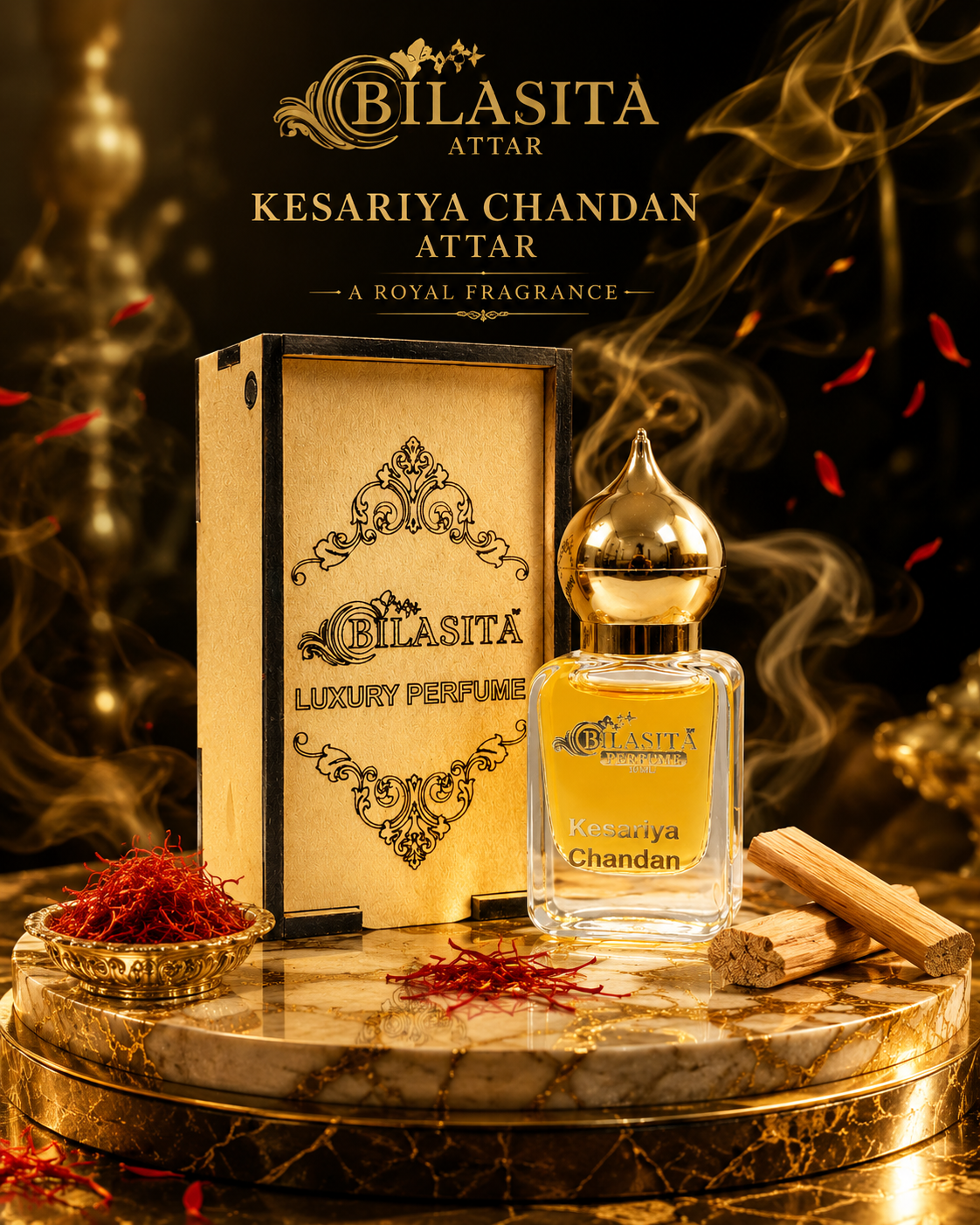 Kesariya-Chandan Attar 10ml | Kesariya-Chandan Attar for men & Women | Alcohol-Free Long-Lasting Fragrance Oil | 100% Pure Ittar | Premium Wooden Box Pack Roll-On Golden Cap Glass Bottle Attar | Ideal Gift for men & Women