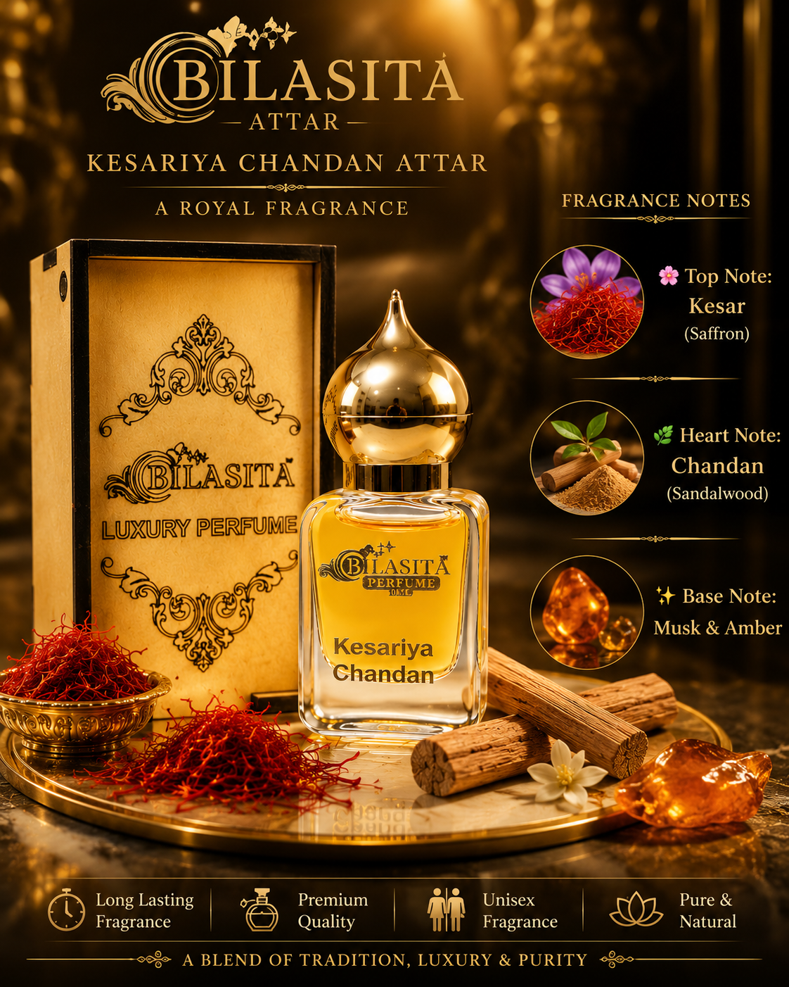 Kesariya-Chandan Attar 10ml | Kesariya-Chandan Attar for men & Women | Alcohol-Free Long-Lasting Fragrance Oil | 100% Pure Ittar | Premium Wooden Box Pack Roll-On Golden Cap Glass Bottle Attar | Ideal Gift for men & Women