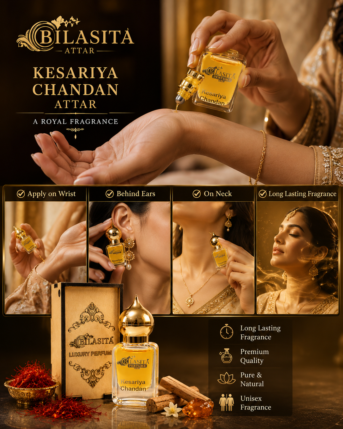 Kesariya-Chandan Attar 10ml | Kesariya-Chandan Attar for men & Women | Alcohol-Free Long-Lasting Fragrance Oil | 100% Pure Ittar | Premium Wooden Box Pack Roll-On Golden Cap Glass Bottle Attar | Ideal Gift for men & Women