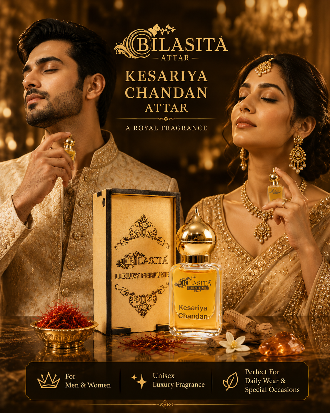 Kesariya-Chandan Attar 10ml | Kesariya-Chandan Attar for men & Women | Alcohol-Free Long-Lasting Fragrance Oil | 100% Pure Ittar | Premium Wooden Box Pack Roll-On Golden Cap Glass Bottle Attar | Ideal Gift for men & Women