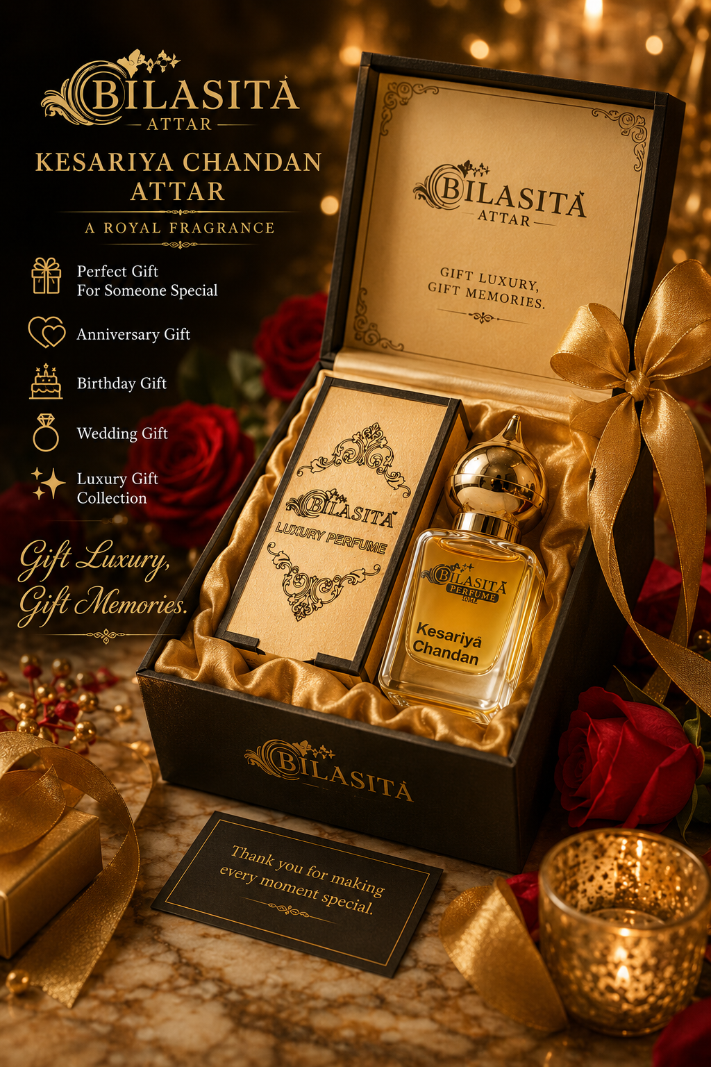 Kesariya-Chandan Attar 10ml | Kesariya-Chandan Attar for men & Women | Alcohol-Free Long-Lasting Fragrance Oil | 100% Pure Ittar | Premium Wooden Box Pack Roll-On Golden Cap Glass Bottle Attar | Ideal Gift for men & Women