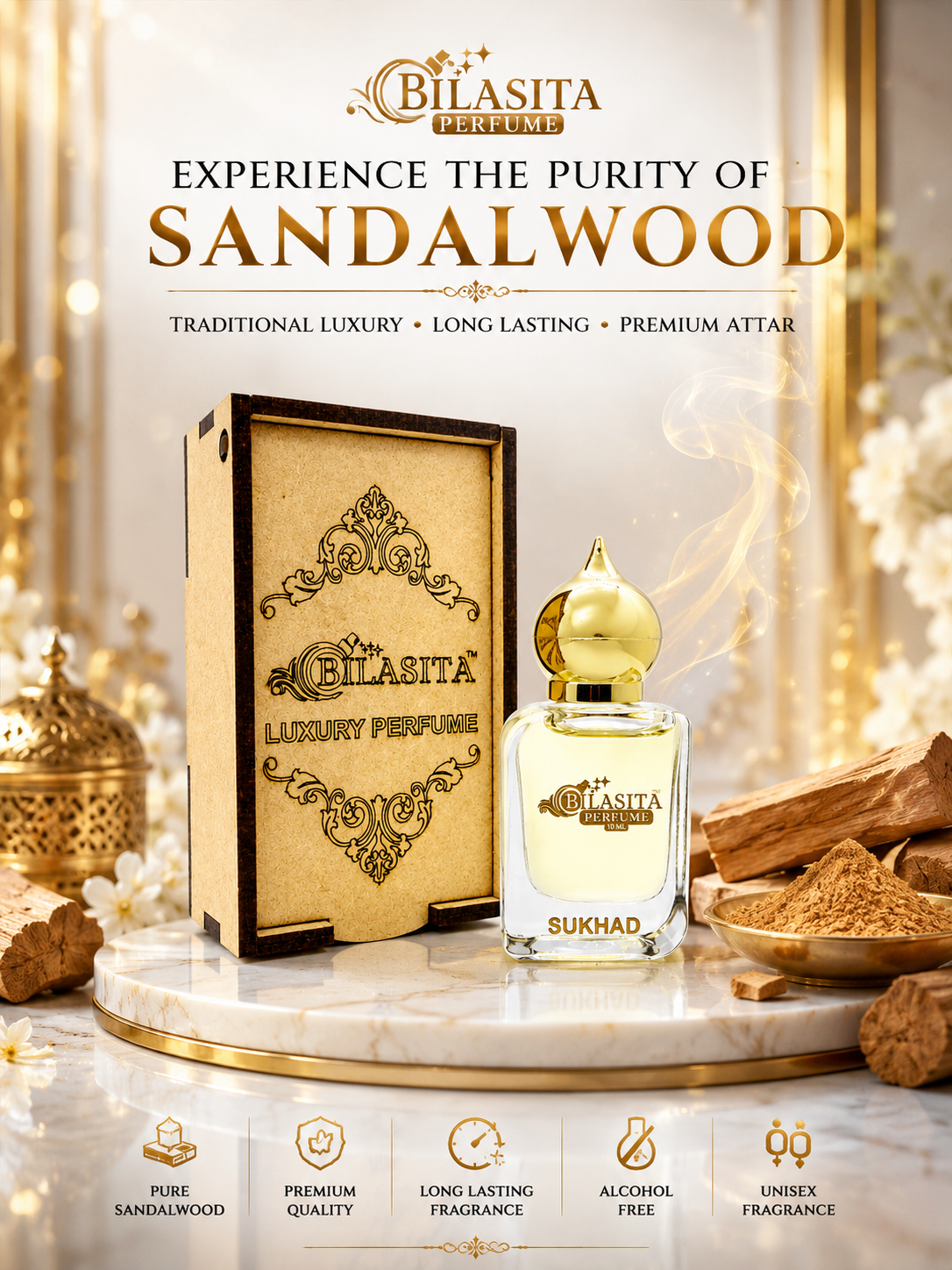 Sukhad Attar 10ml | Musk Attar for Men & Women | Alcohol-Free Long-Lasting Fragrance Oil | 100% Pure Ittar | Premium Wooden Box Pack Roll-On Golden Cap Glass Bottle Attar | Ideal Gift for Men and Women