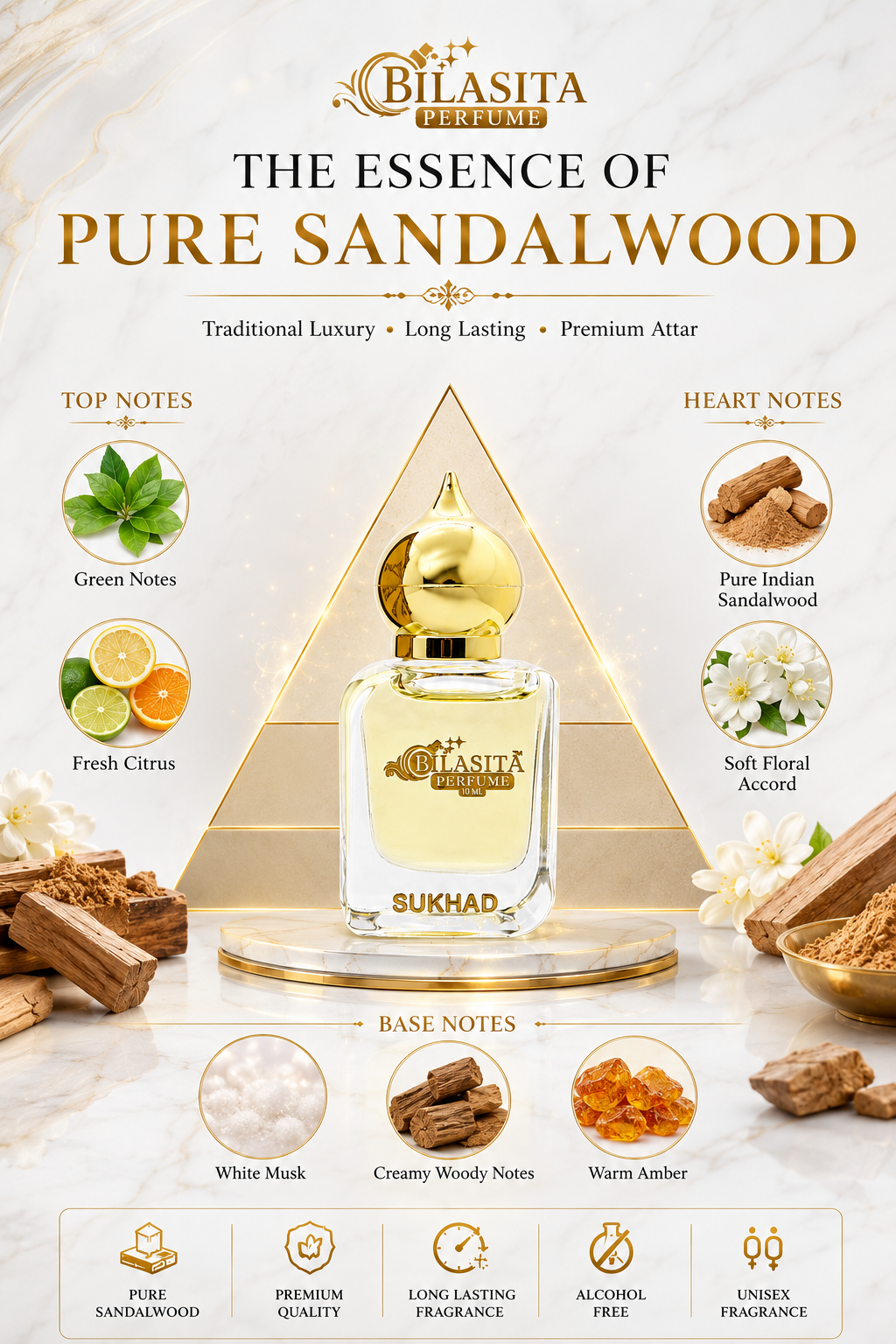 Sukhad Attar 10ml | Musk Attar for Men & Women | Alcohol-Free Long-Lasting Fragrance Oil | 100% Pure Ittar | Premium Wooden Box Pack Roll-On Golden Cap Glass Bottle Attar | Ideal Gift for Men and Women