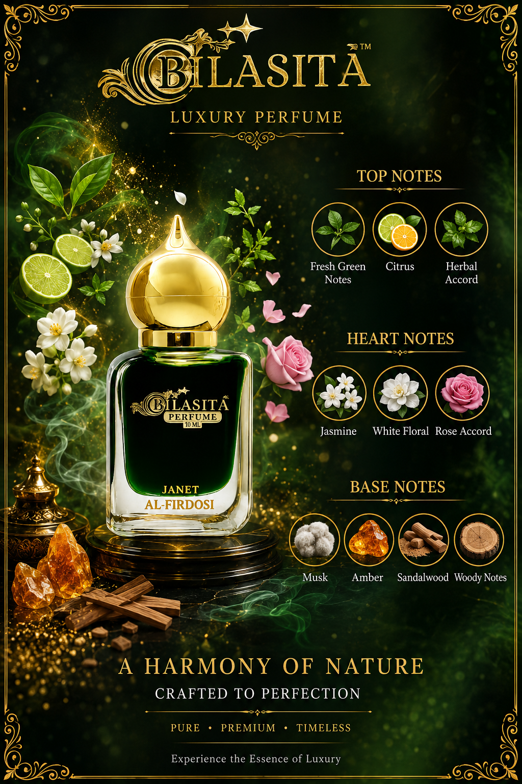 Janet Al Firdosi Attar 10ml | Musk Attar for Men | Alcohol-Free Long-Lasting Fragrance Oil | 100% Pure Ittar | Premium Wooden Box Pack Roll-On Golden Cap Glass Bottle Attar | Ideal Gift for Men