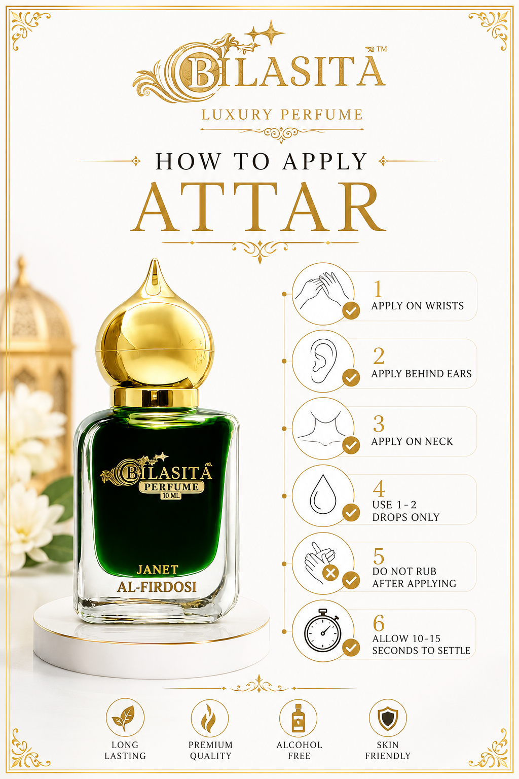Janet Al Firdosi Attar 10ml | Musk Attar for Men | Alcohol-Free Long-Lasting Fragrance Oil | 100% Pure Ittar | Premium Wooden Box Pack Roll-On Golden Cap Glass Bottle Attar | Ideal Gift for Men
