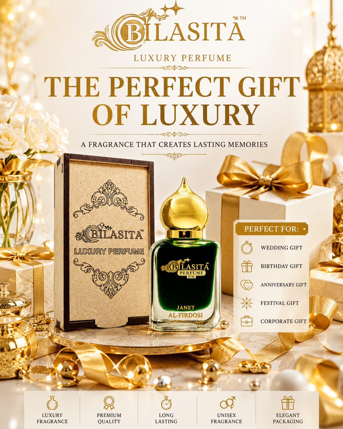 Janet Al Firdosi Attar 10ml | Musk Attar for Men | Alcohol-Free Long-Lasting Fragrance Oil | 100% Pure Ittar | Premium Wooden Box Pack Roll-On Golden Cap Glass Bottle Attar | Ideal Gift for Men