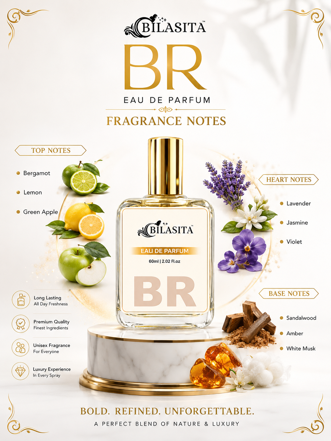 BR Luxury Perfume with 30% French Fragrance Oil | Eau de Parfum for Men & Women | Long Lasting Elegant Fragrance | 60 ml EDP