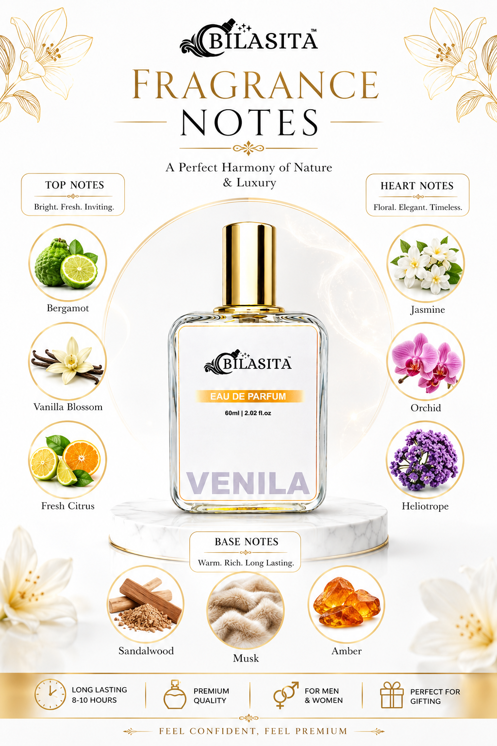 VENILA Luxury Perfume with 30% French Fragrance Oil | Eau de Parfum for Men & Women | Long Lasting Elegant Fragrance | 60 ml EDP
