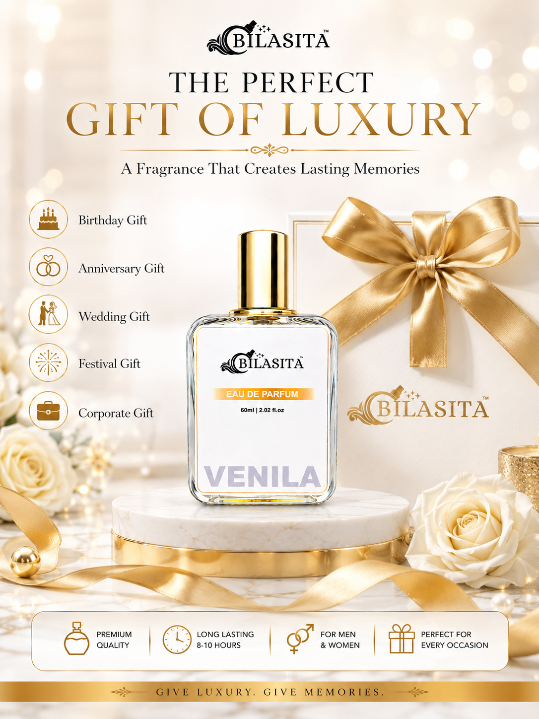 VENILA Luxury Perfume with 30% French Fragrance Oil | Eau de Parfum for Men & Women | Long Lasting Elegant Fragrance | 60 ml EDP
