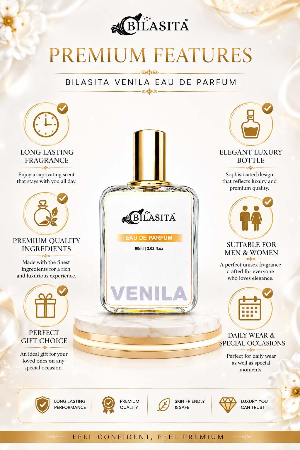 VENILA Luxury Perfume with 30% French Fragrance Oil | Eau de Parfum for Men & Women | Long Lasting Elegant Fragrance | 60 ml EDP