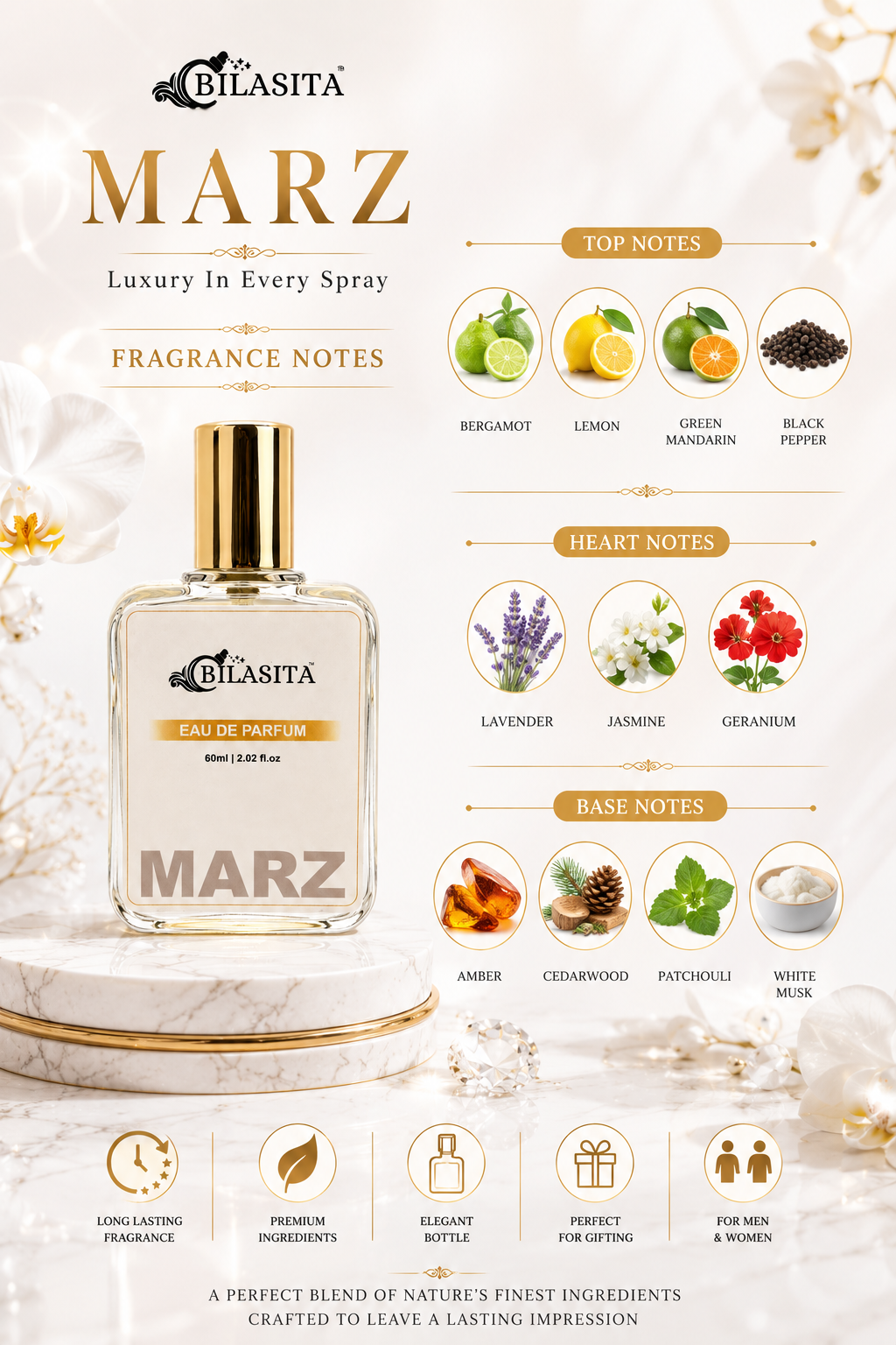 MARZ Luxury Perfume with 30% French Fragrance Oil | Eau de Parfum for Men & Women | Long Lasting Elegant Fragrance | 60 ml EDP