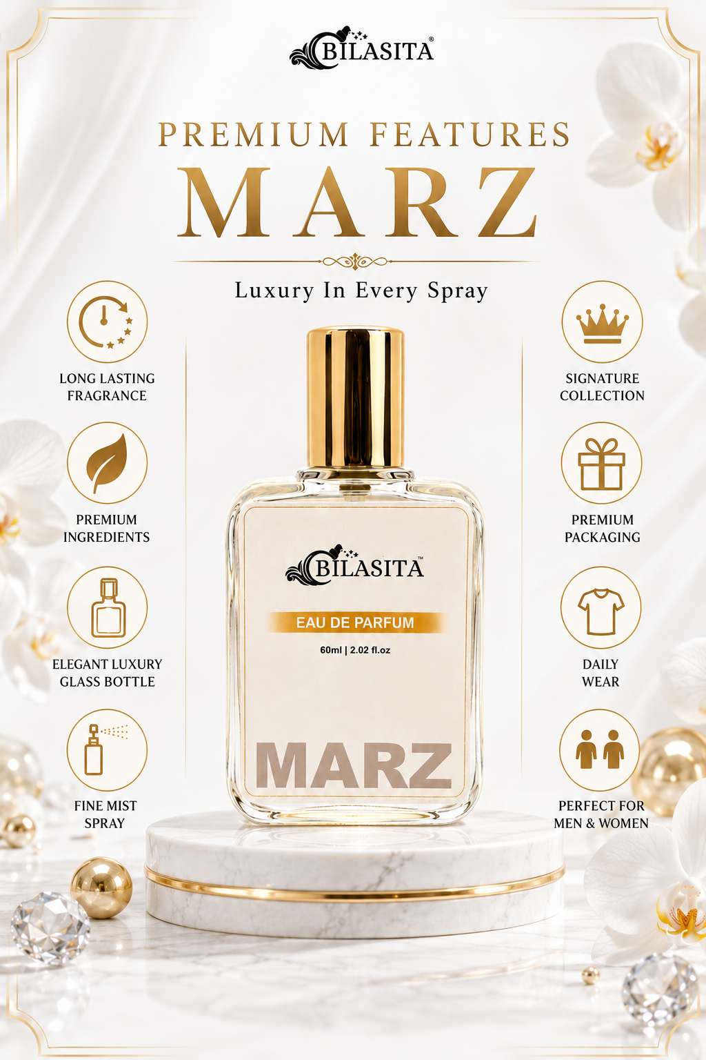 MARZ Luxury Perfume with 30% French Fragrance Oil | Eau de Parfum for Men & Women | Long Lasting Elegant Fragrance | 60 ml EDP