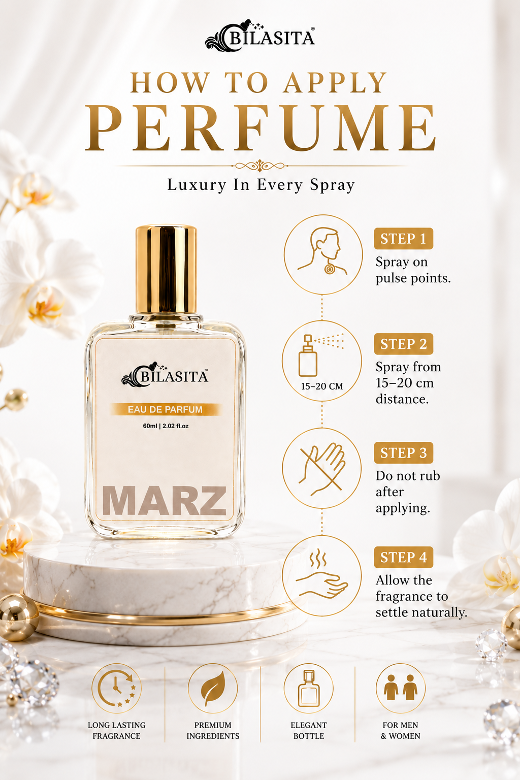 MARZ Luxury Perfume with 30% French Fragrance Oil | Eau de Parfum for Men & Women | Long Lasting Elegant Fragrance | 60 ml EDP