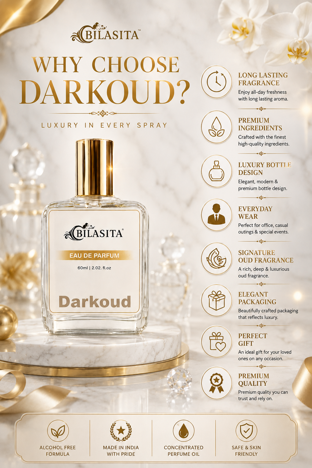 DARKOUD Luxury Perfume with 30% French Fragrance Oil | Eau de Parfum for Men & Women | Long Lasting Elegant Fragrance | 60 ml EDP