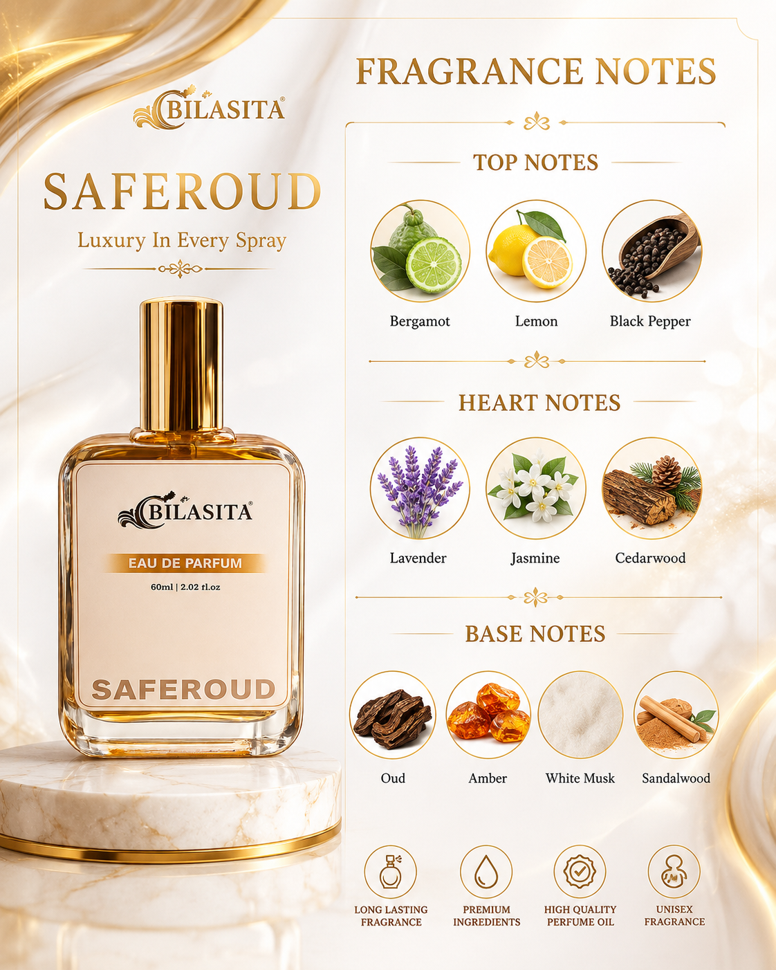 SAFEROUD Luxury Perfume with 30% French Fragrance Oil | Eau de Parfum for Men & Women | Long Lasting Elegant Fragrance | 60 ml EDP (Copy) (Copy)