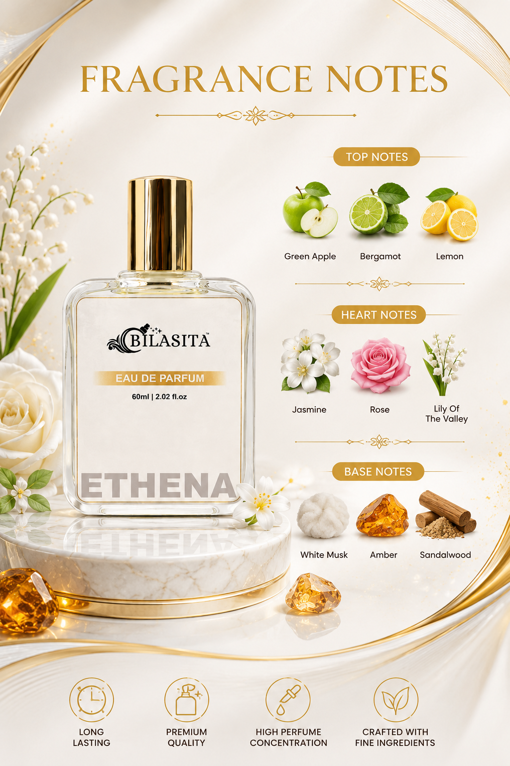 ETHENA Luxury Perfume with 30% French Fragrance Oil | Eau de Parfum for Men & Women | Long Lasting Elegant Fragrance | 60 ml EDP